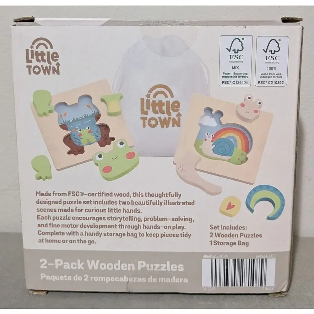 Little Town Frog & Snail Wooden Puzzles New in Box 18 month+ baby learning toy